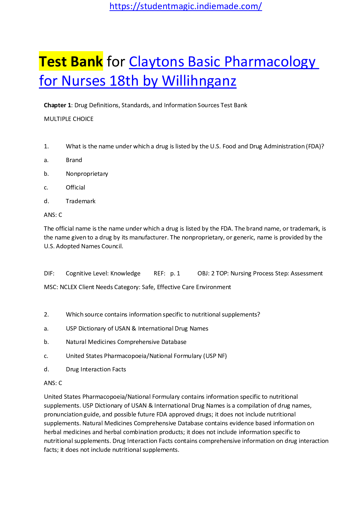 Claytons Basic Pharmacology for Nurses 18th Edition by Willihnganz TEST BANK